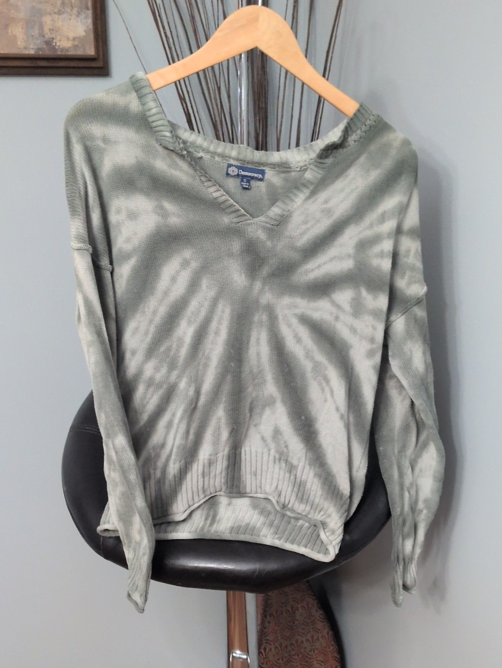 Democracy Sage Green Tie-Dye V-Neck Sweater
